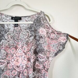 INC Pink Paisley Women's Top Cold Shoulder Pink Gray M Rhinestone Beads Y2K Knit